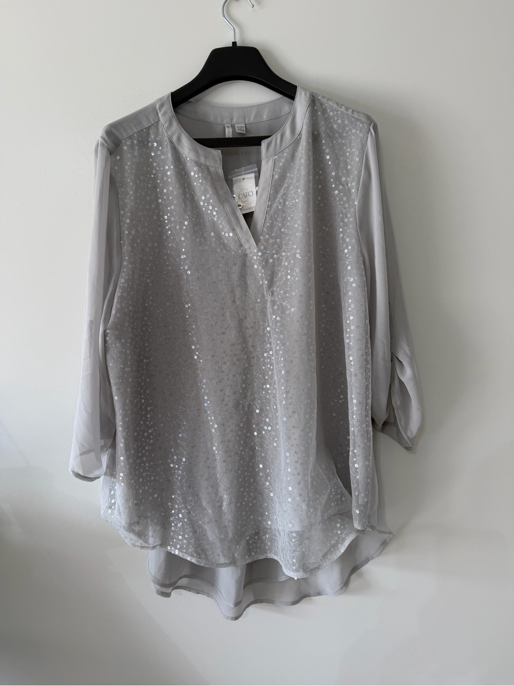 Cato Light Silver Sequin Split-Neck Blouse
